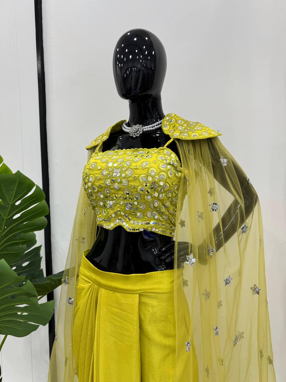 Citrus Green Draped Skirt With Embroidered Blouse And Cape