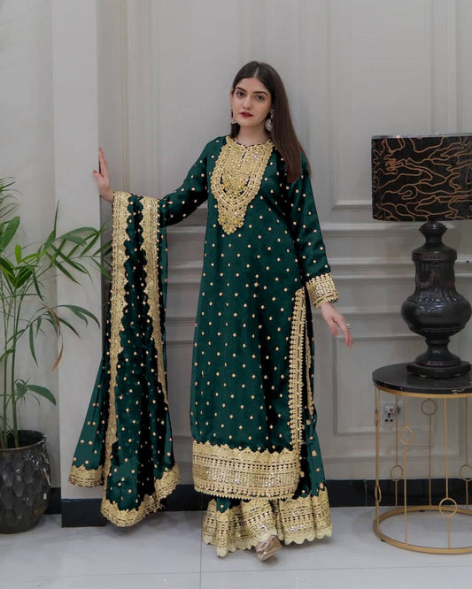 Green Georgette Embroidery Sequence Work Top Sharara With Dupatta