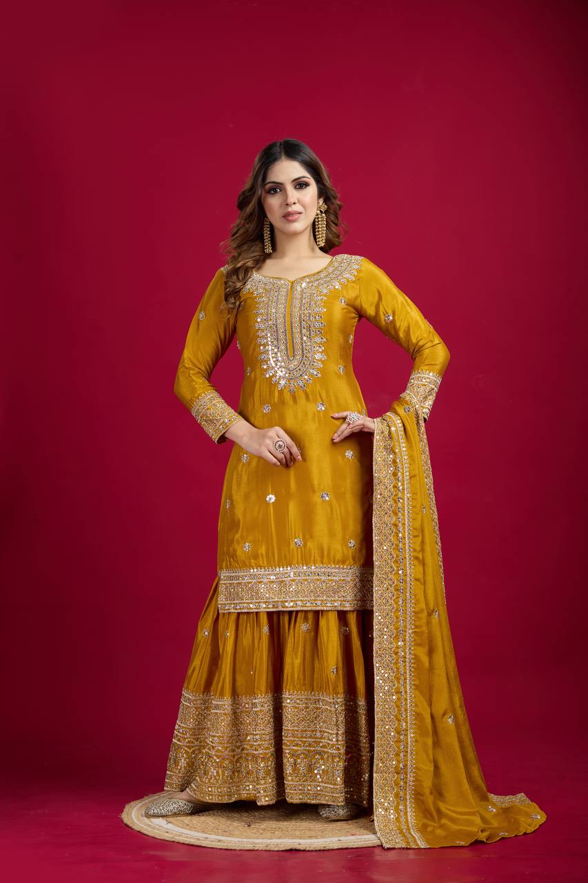 Yellow Chinnon Silk With Heavy Embroidery Sequence Work Top-Plazo And Dupatta Set