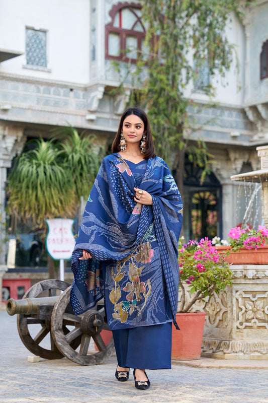 Incredible Navy Blue Floral Printed Silk Traditional Palazzo Suit