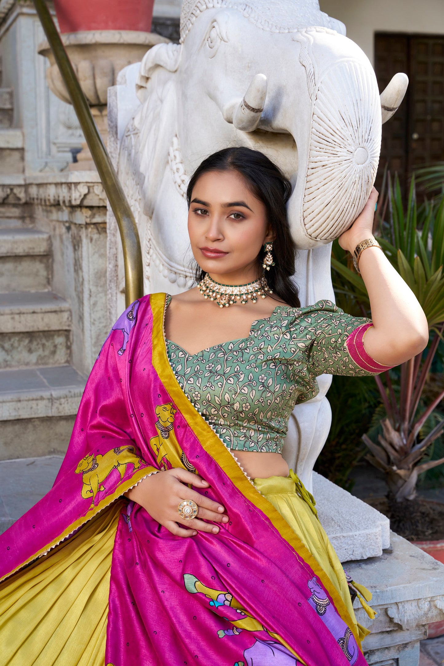 Mustard Yellow Color Tussar Silk Kalamkari Printed Lehenga Choli