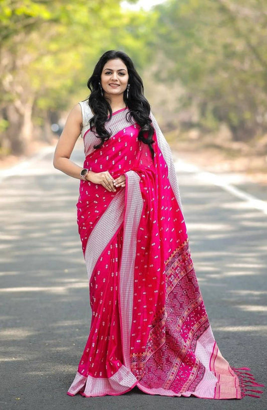 Pink Color Floral Woven Saree with Contrast Border