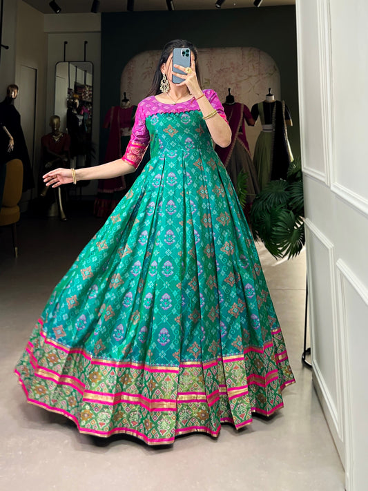 Bottle Green Patola Printed Jacquard Silk Zari Weaving Work Kanjivaram Gown