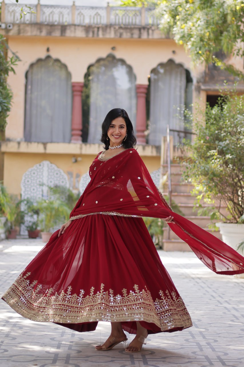 Red Faux Blooming Gown with Zari Sequins Embroidery & Dupatta | Fully Stitched Elegant Ethnic Wear for Weddings & Festive Occasions