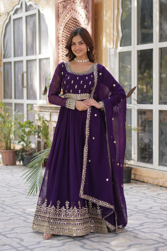 Purple Faux Blooming Gown with Zari Sequins Embroidery & Dupatta | Fully Stitched Elegant Ethnic Wear for Weddings & Festive Occasions