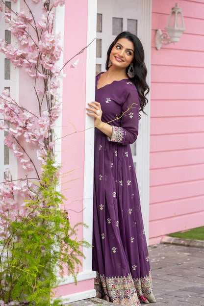 Light Purple Faux Georgette Embroidered Gown with Heavy Sequence Work and Dupatta | Fully Stitched Designer Ethnic Wear