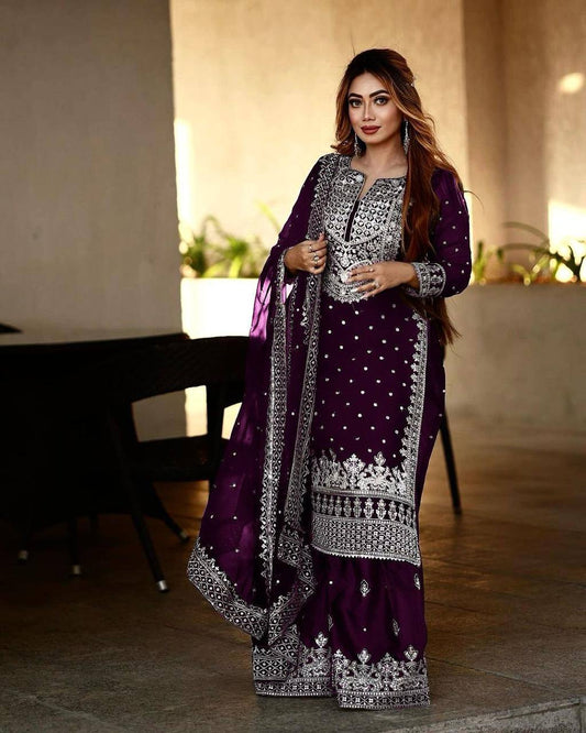 Heavy Faux Georgette Embroidered Purple Gharara Set with Dupatta – Fully Stitched Ethnic Partywear for Women