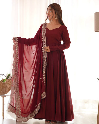 Elegant 16 Kali Romansilk Chanderi Maroon Anarkali Set with Embroidery Dupatta