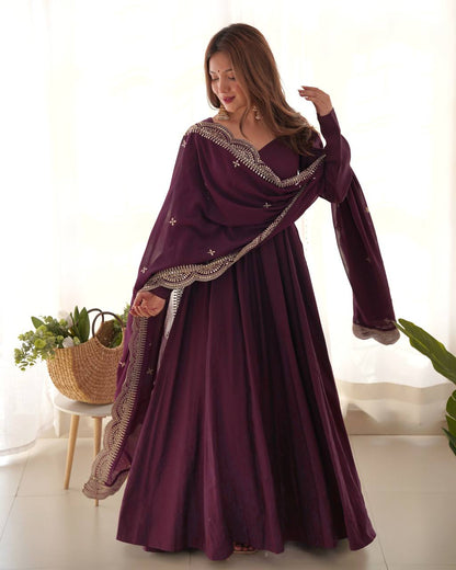 Elegant 16 Kali Romansilk Chanderi Wine Purple Anarkali Set with Embroidery Dupatta