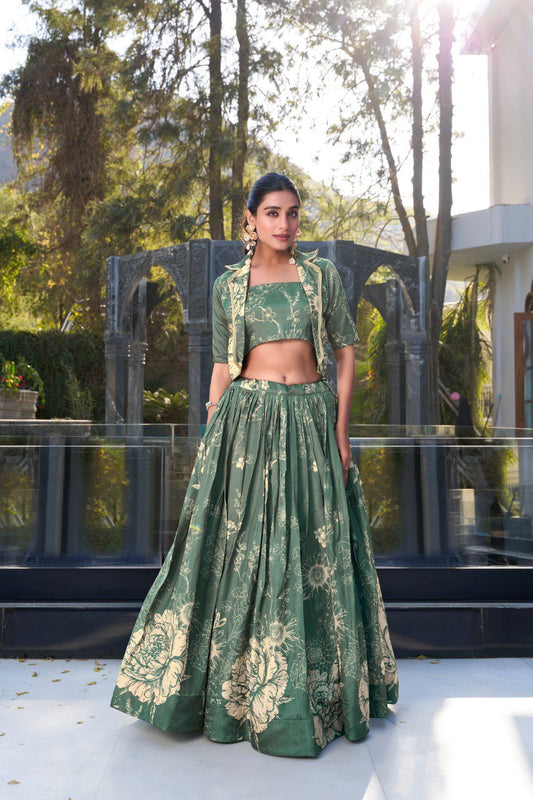 Elegant Tussar Silk Floral Printed Green Lehenga Set with Blouse and Koti