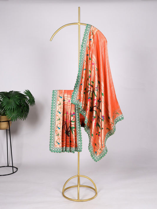 Premium Jacquard Silk Zari Weaving Orange Dupatta with Embroidery Lace Border