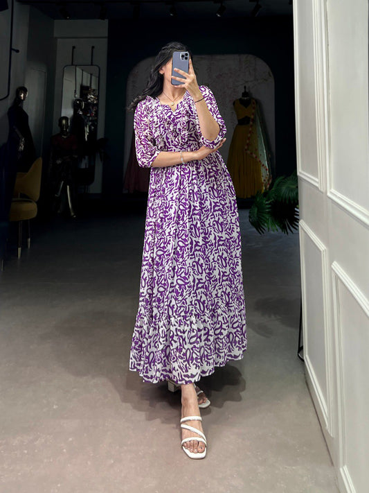 Elegant Georgette Printed Purple Frock with Full Flair and Lining