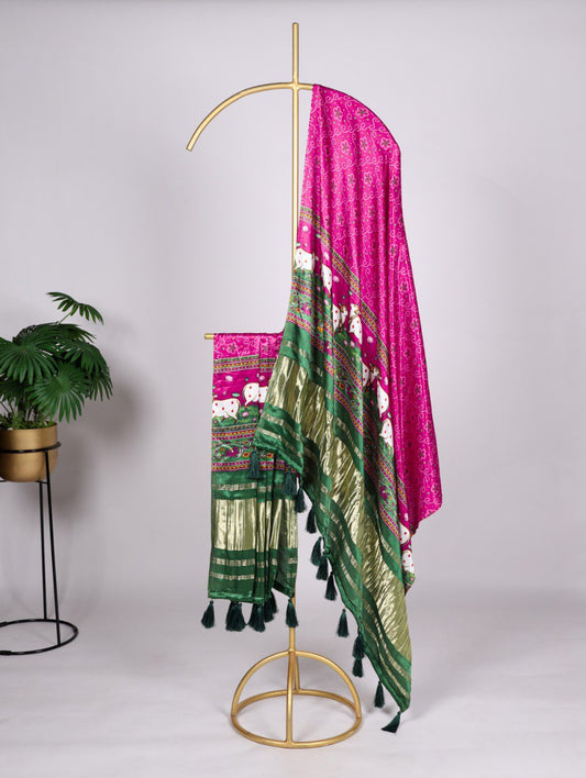Pure Gaji Silk Digital Print Pink Dupatta with Tassels
