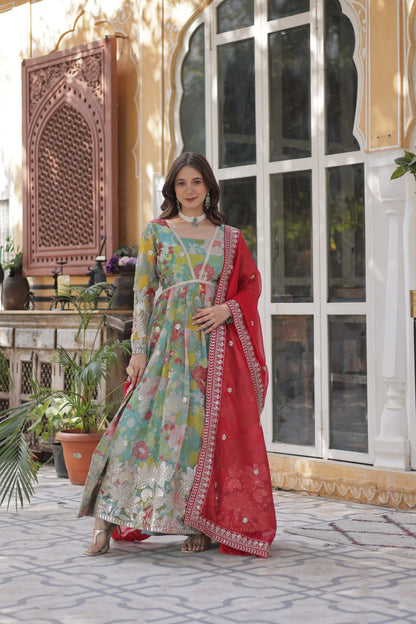 Digital Printed Russian Silk Top with Foil Embroidery Zari Sequins Work and Designer Lace Border Dupatta