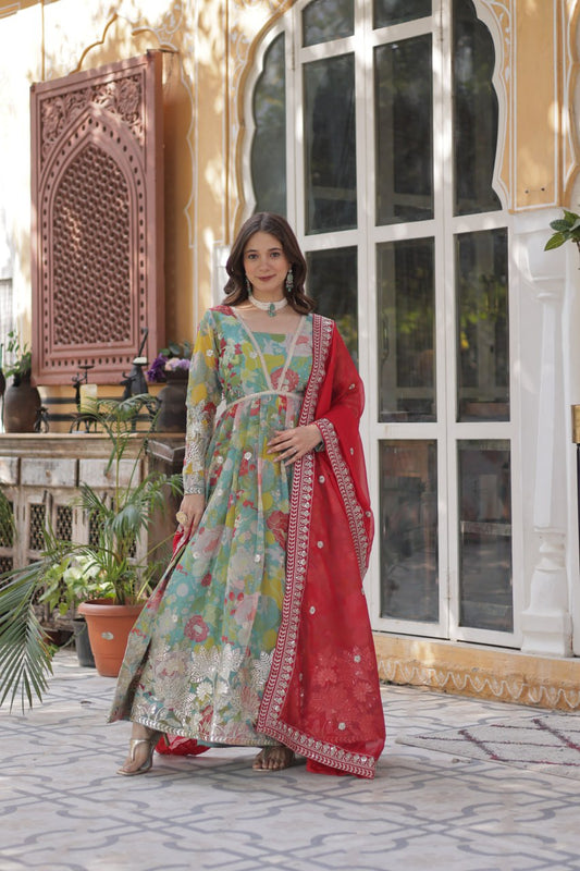 Digital Printed Russian Silk Top with Foil Embroidery Zari Sequins Work and Designer Lace Border Dupatta
