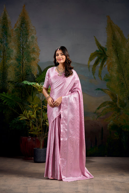 Elegant Kanjivaram Silk Pink Saree with Zari Weaving Work | Traditional Ethnic Wear for Weddings and Festivals
