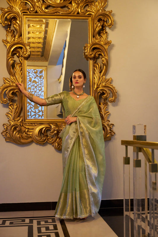 Tissue Shimmer Pista Green Saree with Zari Weaving and Sequins Lace Border