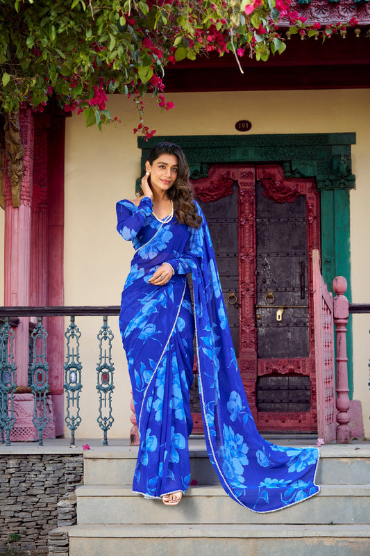 Elegant Floral Printed Blue Chiffon Saree with Pearl Lace Border and Matching Blouse