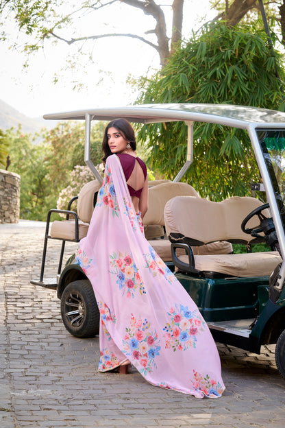 Weightless Marbal Floral Printed Light Pink Saree with Pearl Lace Border