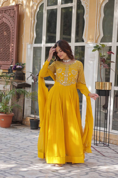 Yellow Embroidered Faux Blooming Georgette Gown with Dupatta