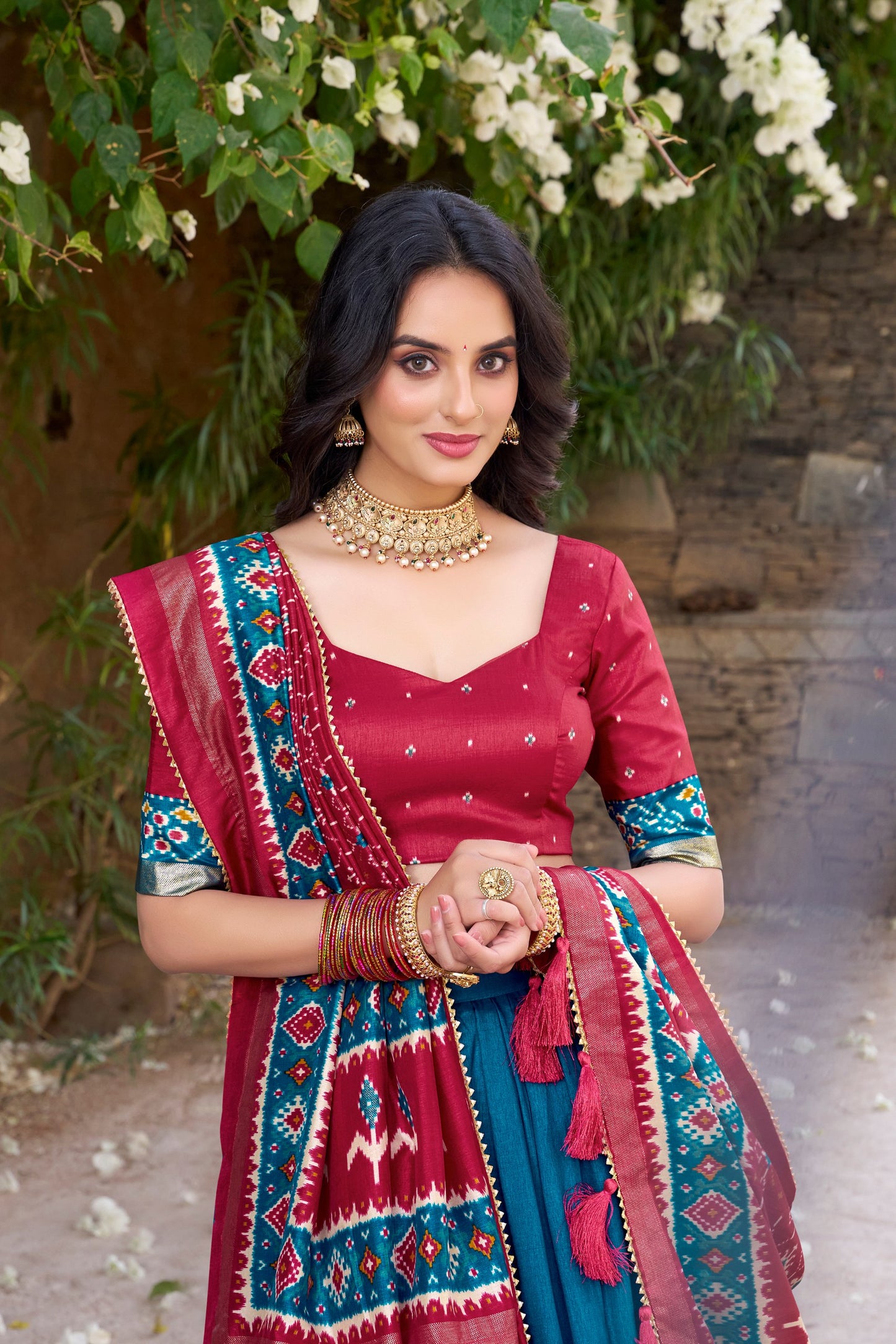 Patola Printed Teal Blue Tussar Silk Lehenga Set with Gotta Patti Dupatta