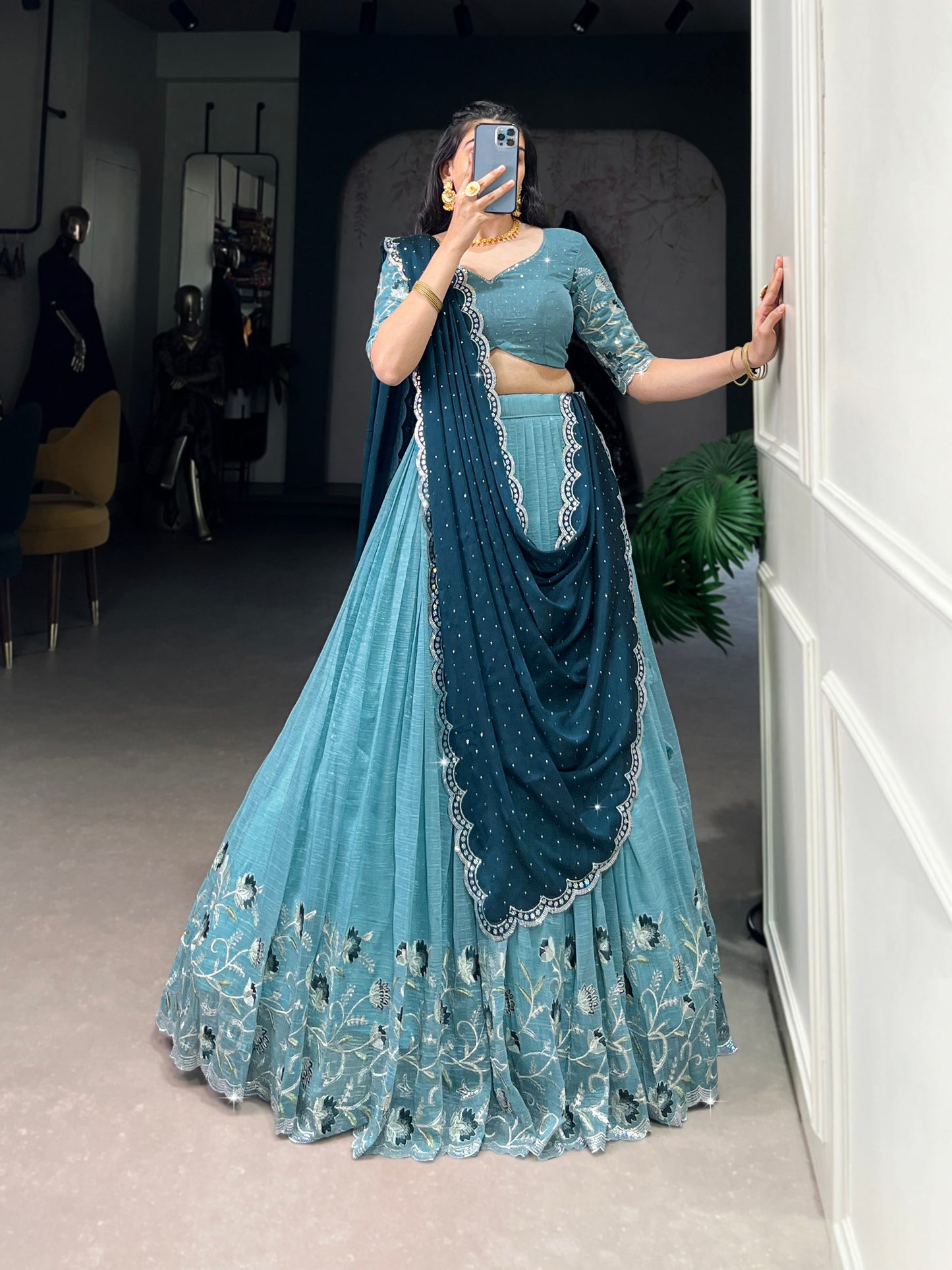 Silver Glosy Embroidered Sky Blue Lehenga Set with Hotfix Rangoli Silk Dupatta