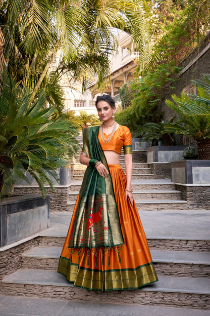 Orange Jacquard Silk Paithani Lehenga Set with Zari Weaving and Tassel Dupatta