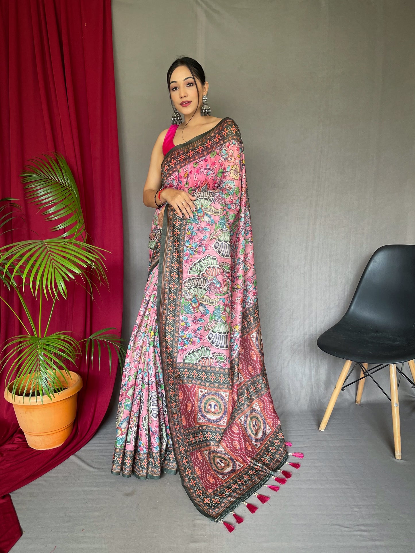 Pink Kalamkari Printed Malai Cotton Saree