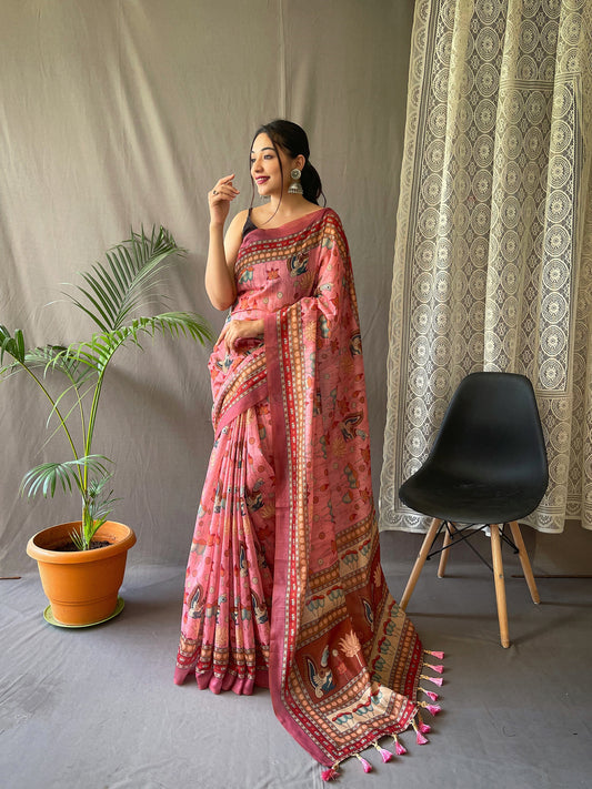 Fairytale Pink Kalamkari Printed Saree With Adorable Blouse Piece