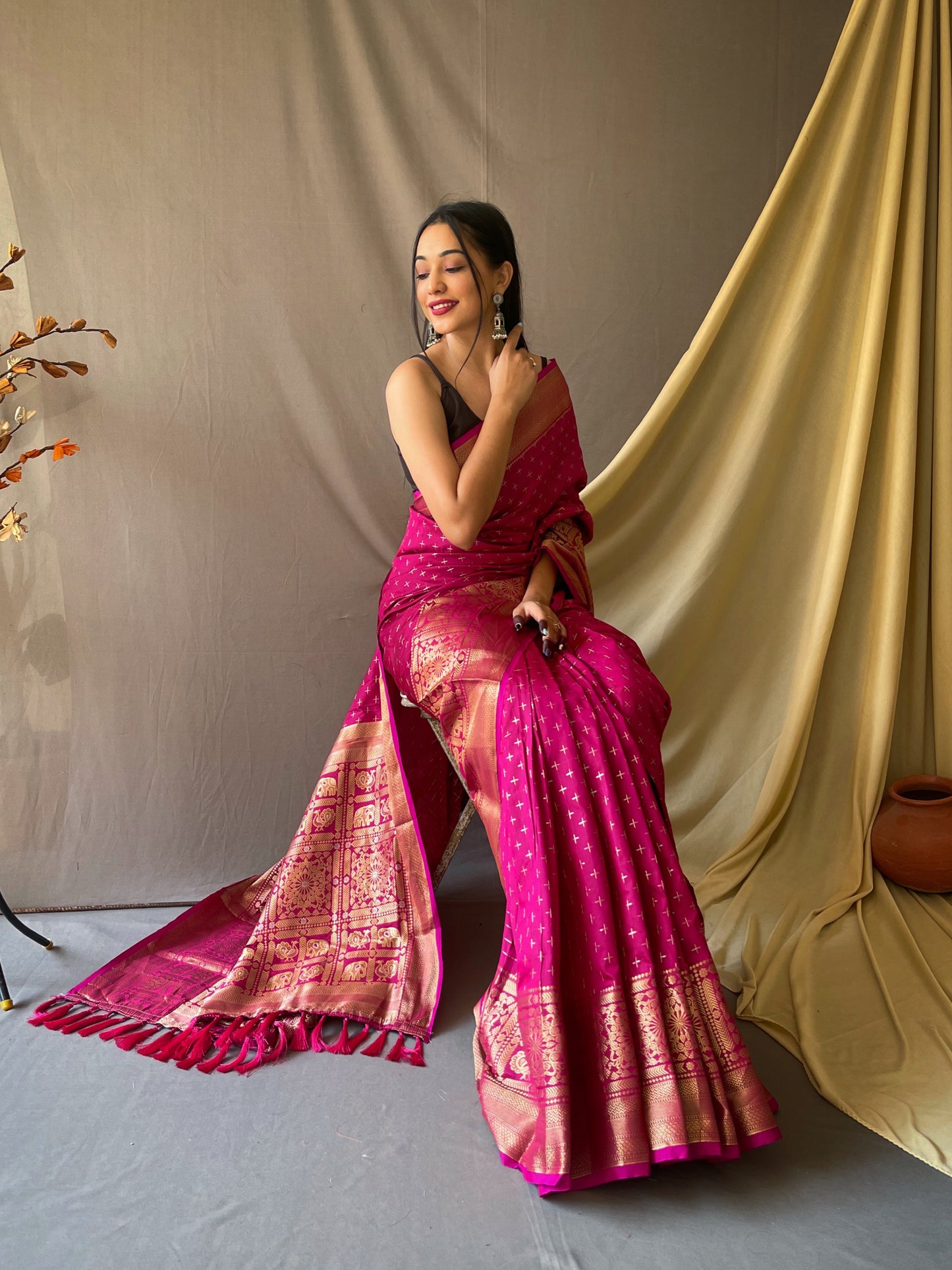 Pink Woven Saree with Contrast Border