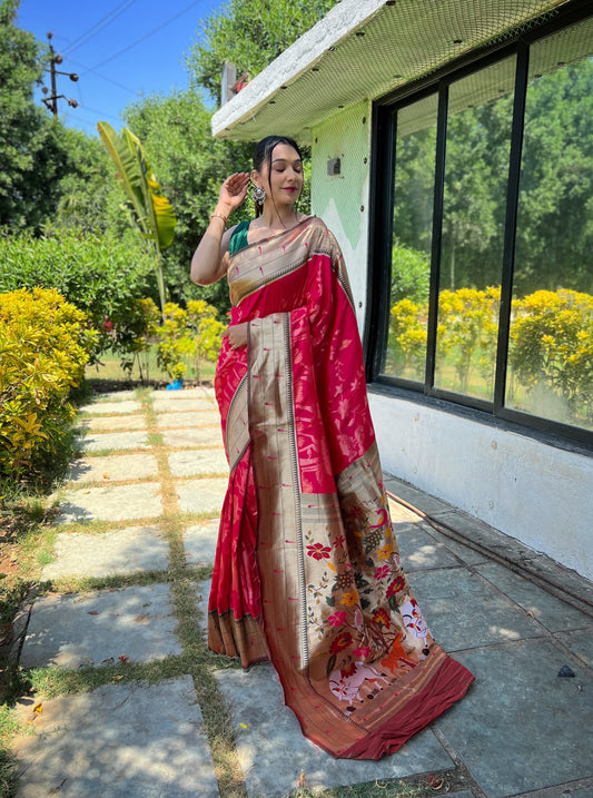 Pink Weaved Zari Traditional Paithani Silk Saree