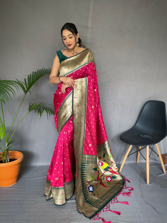 Pink Printed Paithani Silk Saree Set