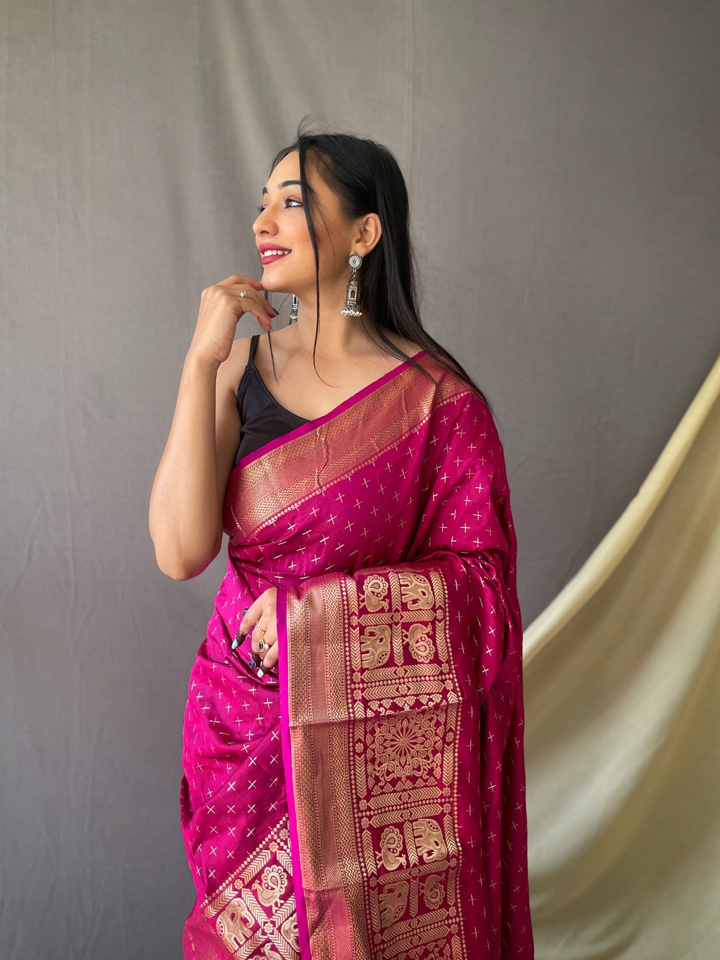 Pink Woven Saree with Contrast Border