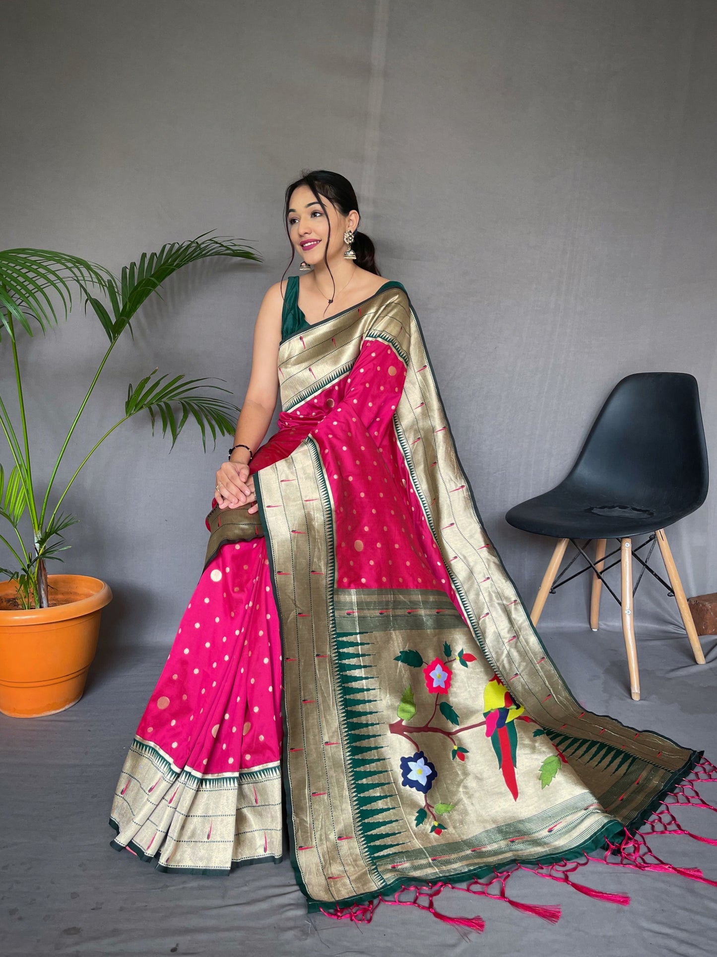 Pink Printed Paithani Silk Saree Set