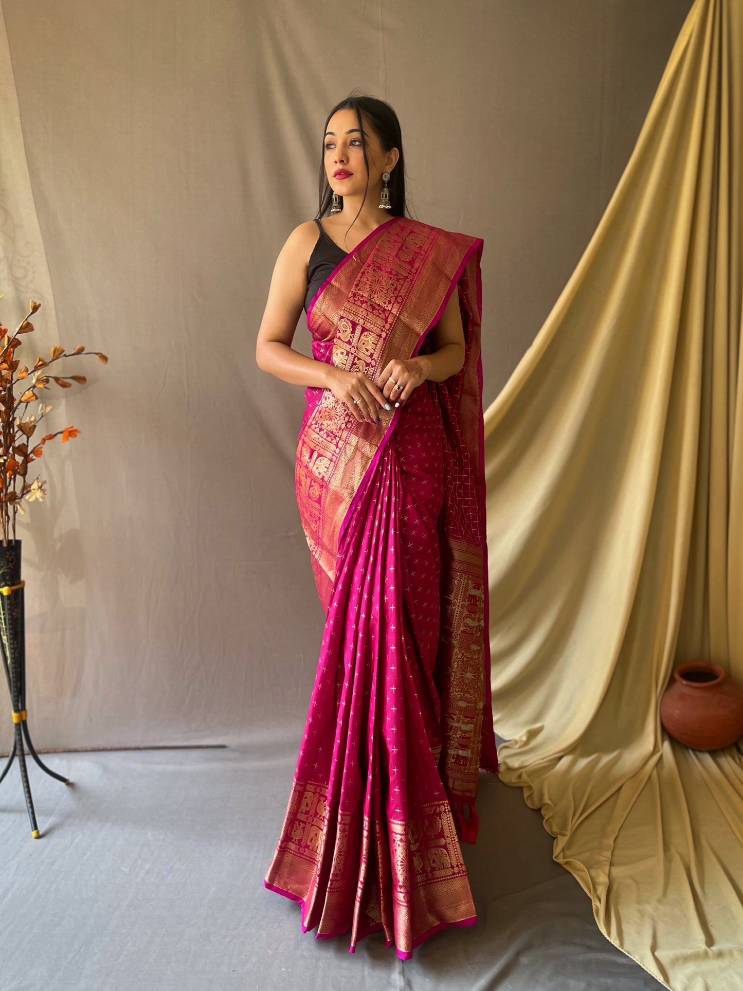 Pink Woven Saree with Contrast Border