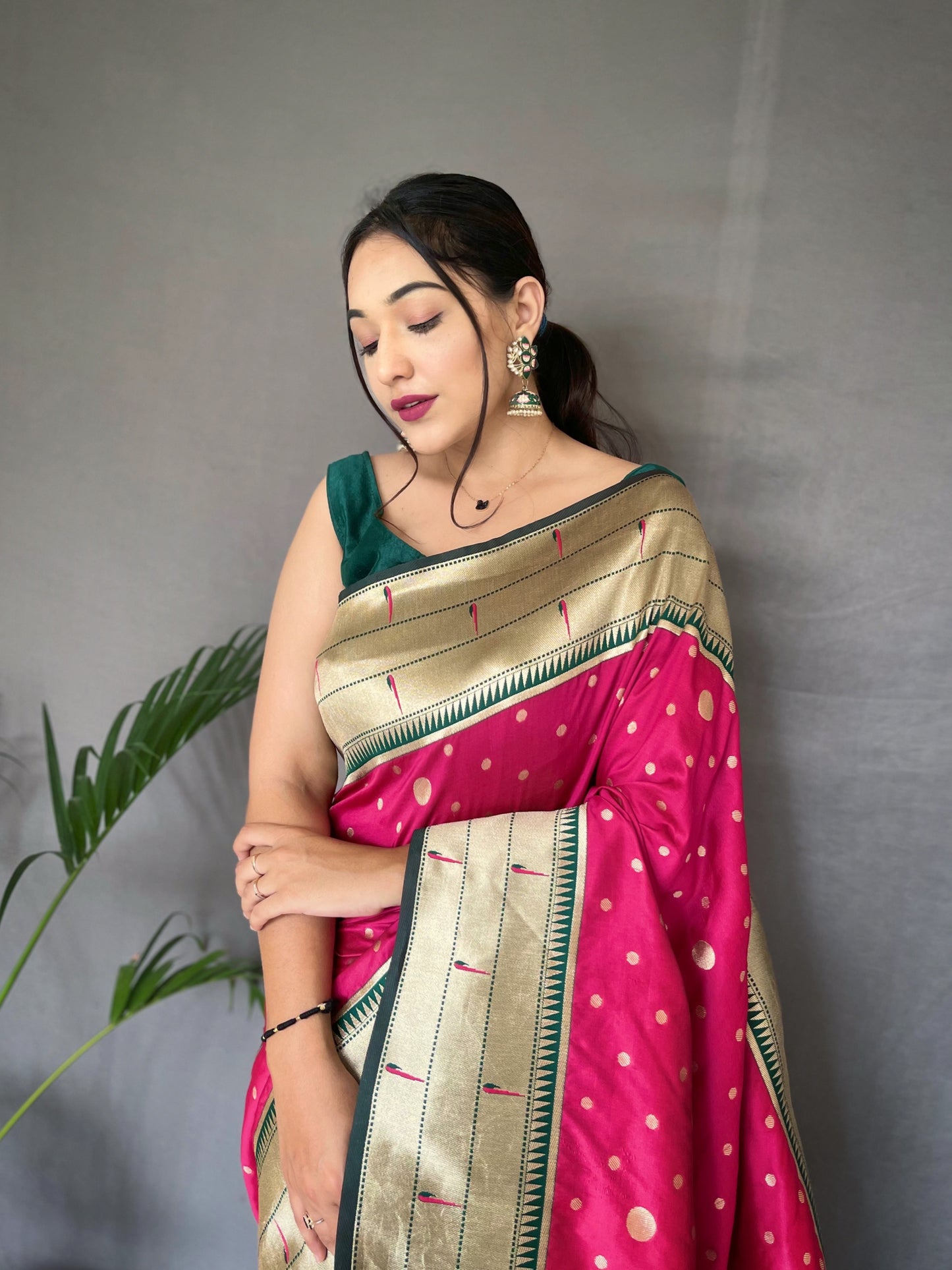 Pink Printed Paithani Silk Saree Set