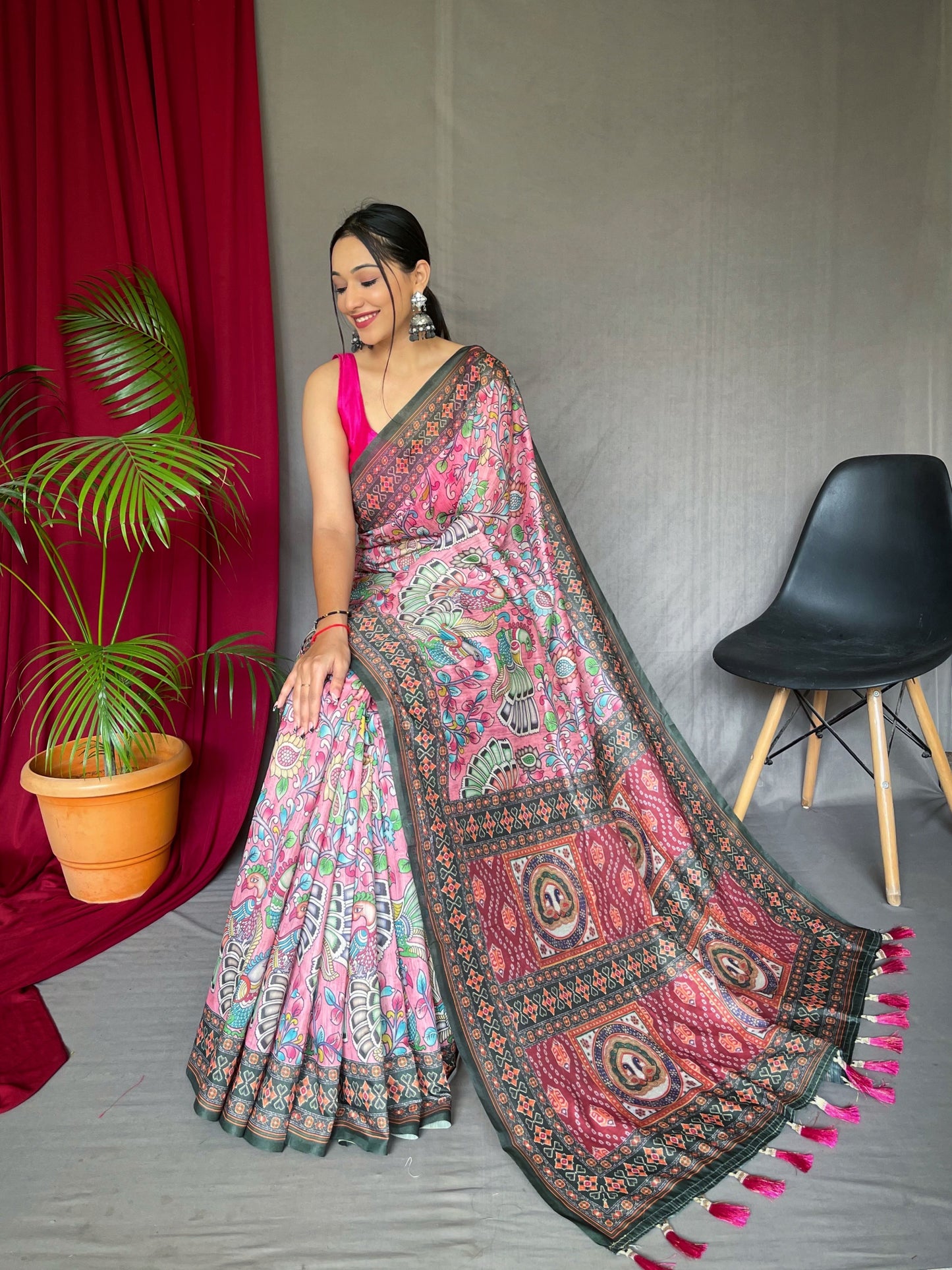 Pink Kalamkari Printed Malai Cotton Saree