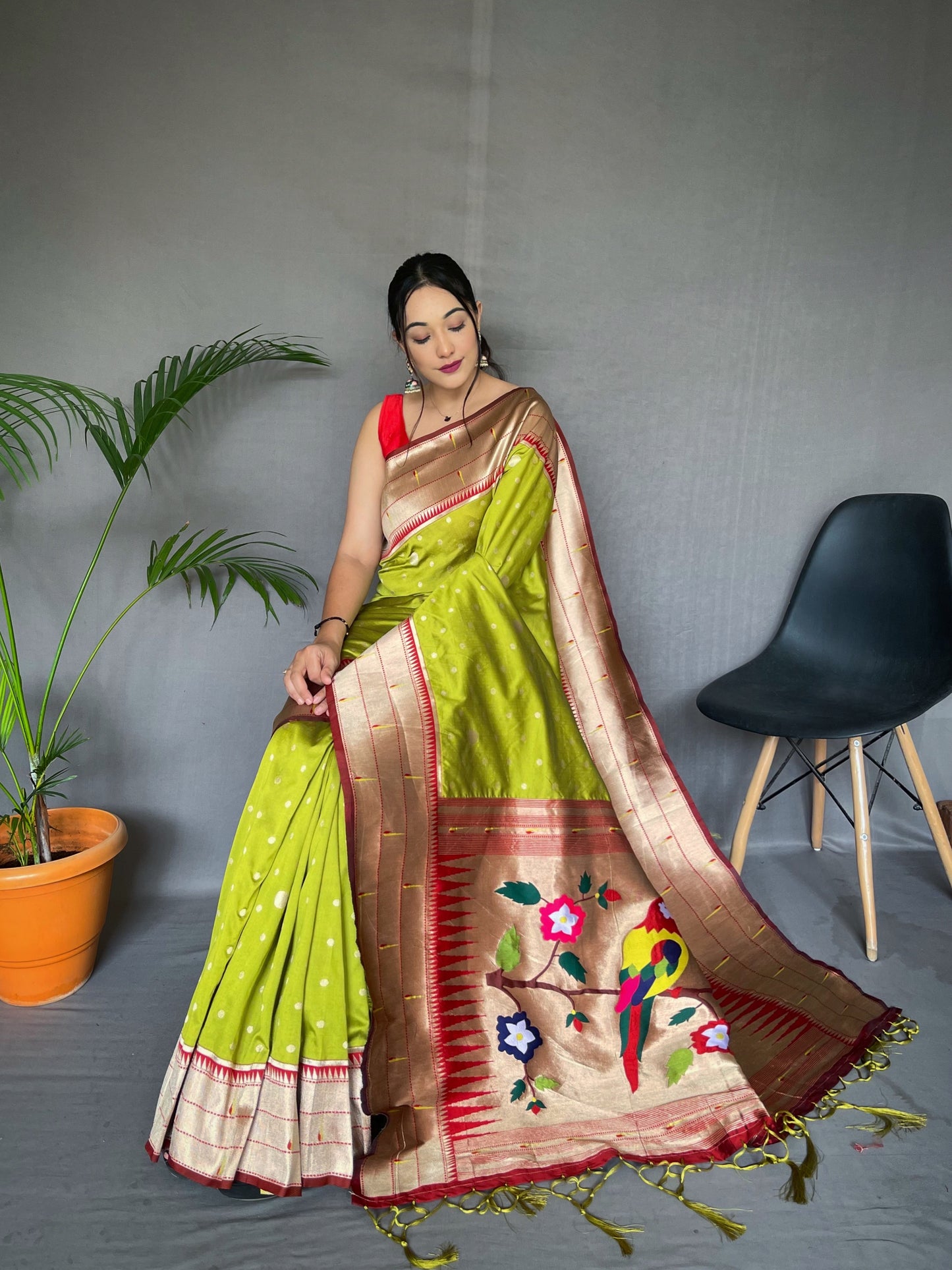 Pista Green Printed Paithani Silk Saree Set