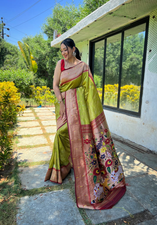 Pista Green Weaved Zari Traditional Paithani Silk Saree