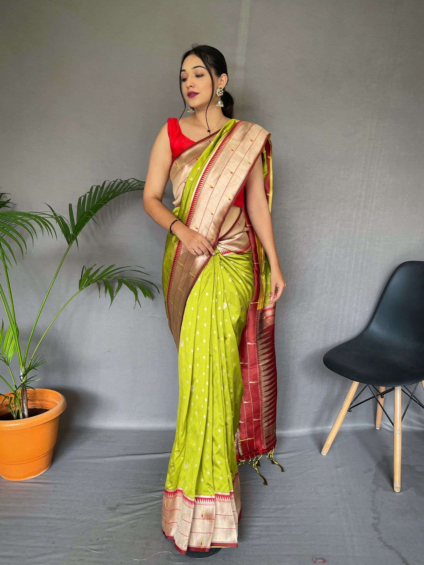 Pista Green Printed Paithani Silk Saree Set