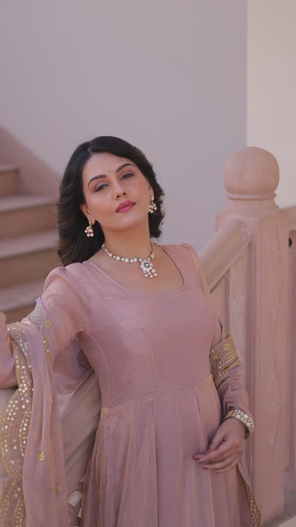 Lavender Fendy Chiffon 12-Kali Anarkali Gown with Embroidered Cut-Work Dupatta