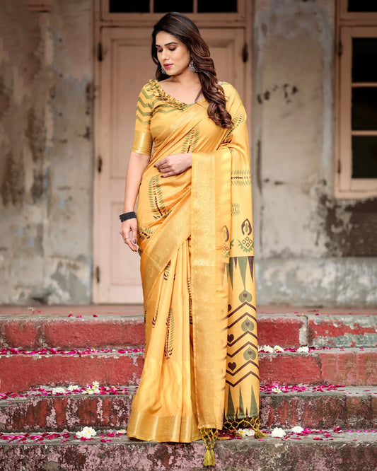 Pure Silk Digital Printed Yellow Saree with Brocade Blouse