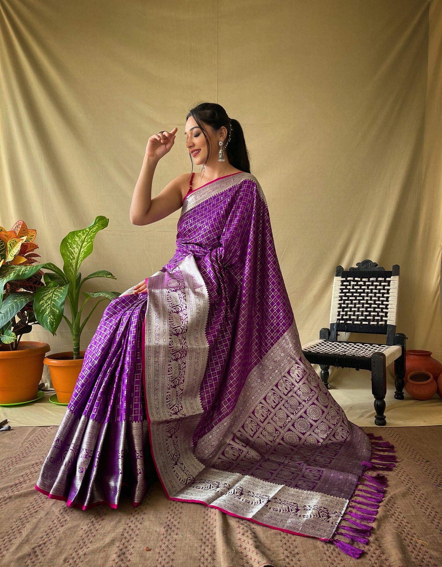 Purple Soft Litchi Silk Khicha Checks Saree