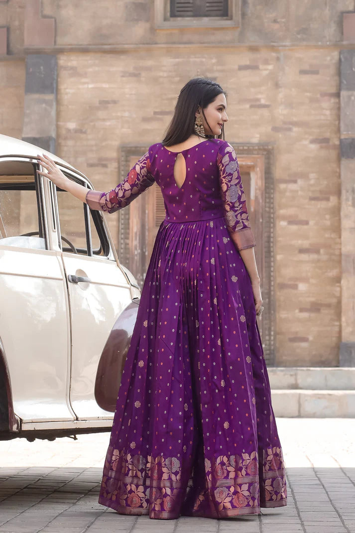 Purple Banarasi Silk Ethnic Maxi Zari Woven Ethnic Dress