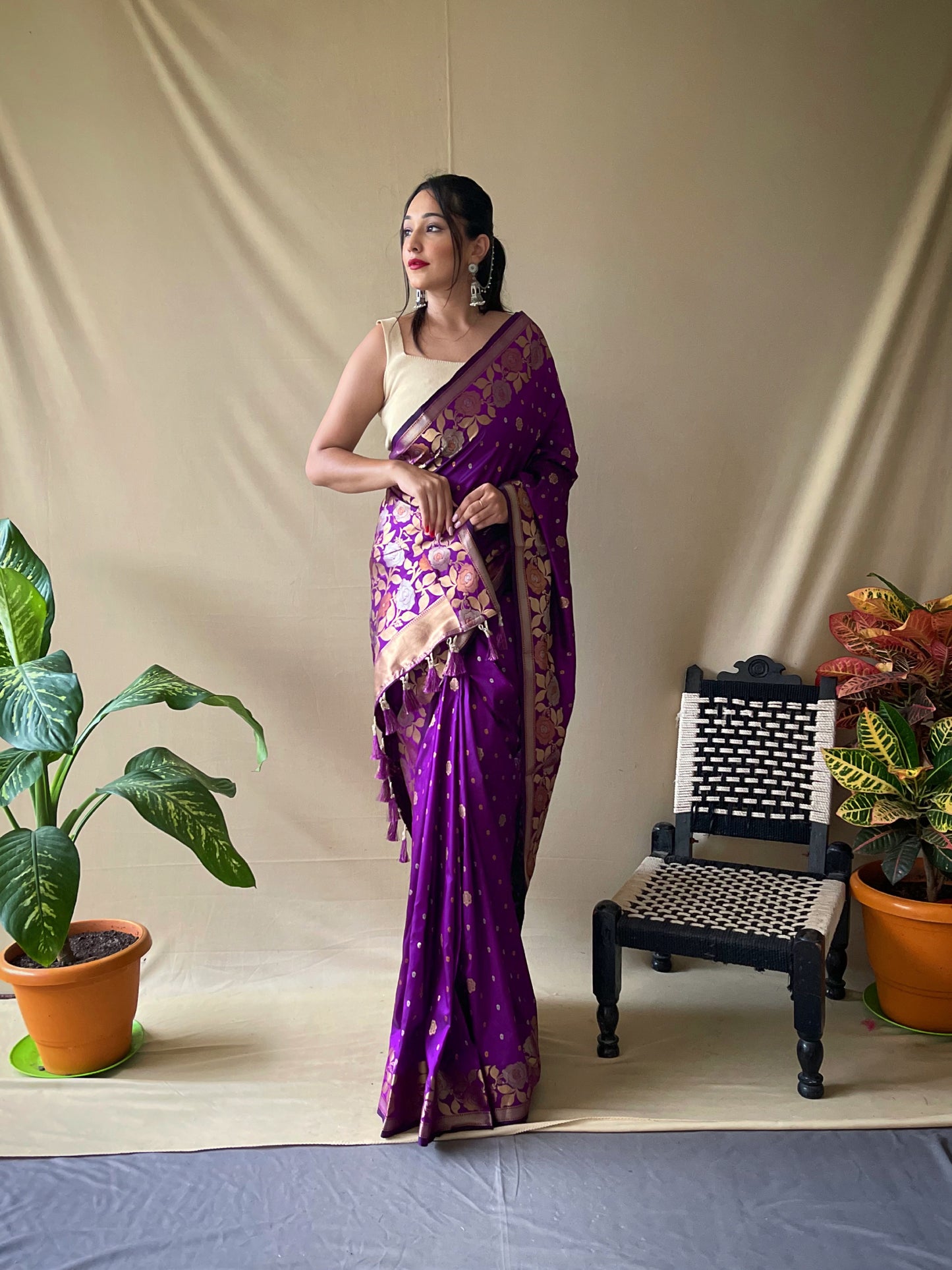 Deep Purple Pure Soft Silk Saree with Triple Zari Weaving