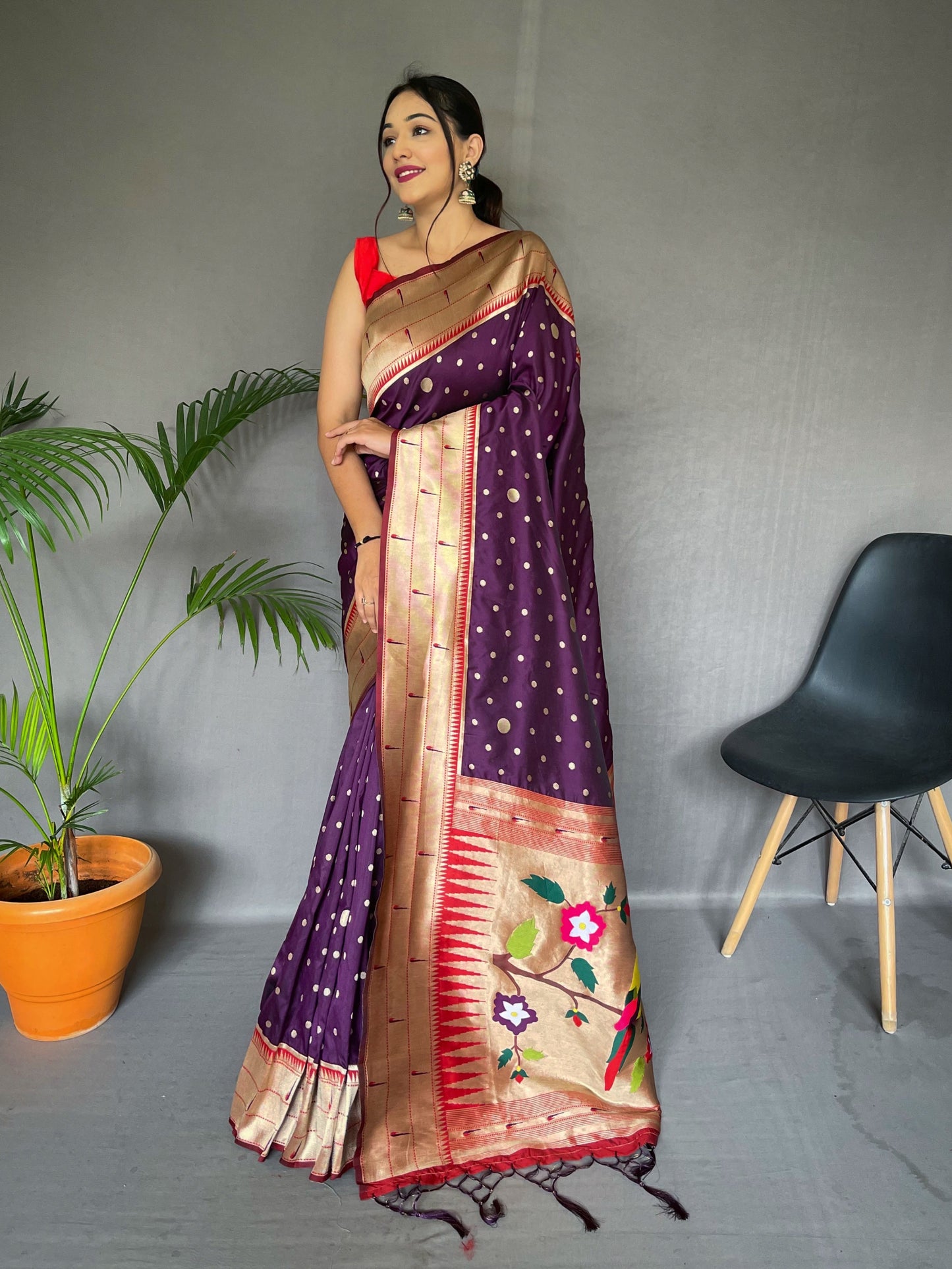 Purple Printed Paithani Silk Saree Set