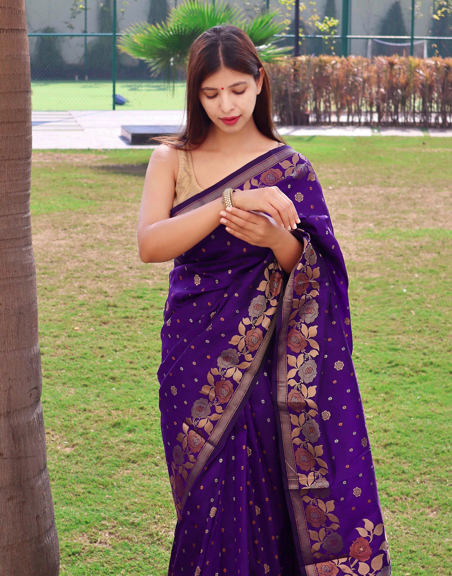 Deep Purple Pure Soft Silk Saree with Triple Zari Weaving