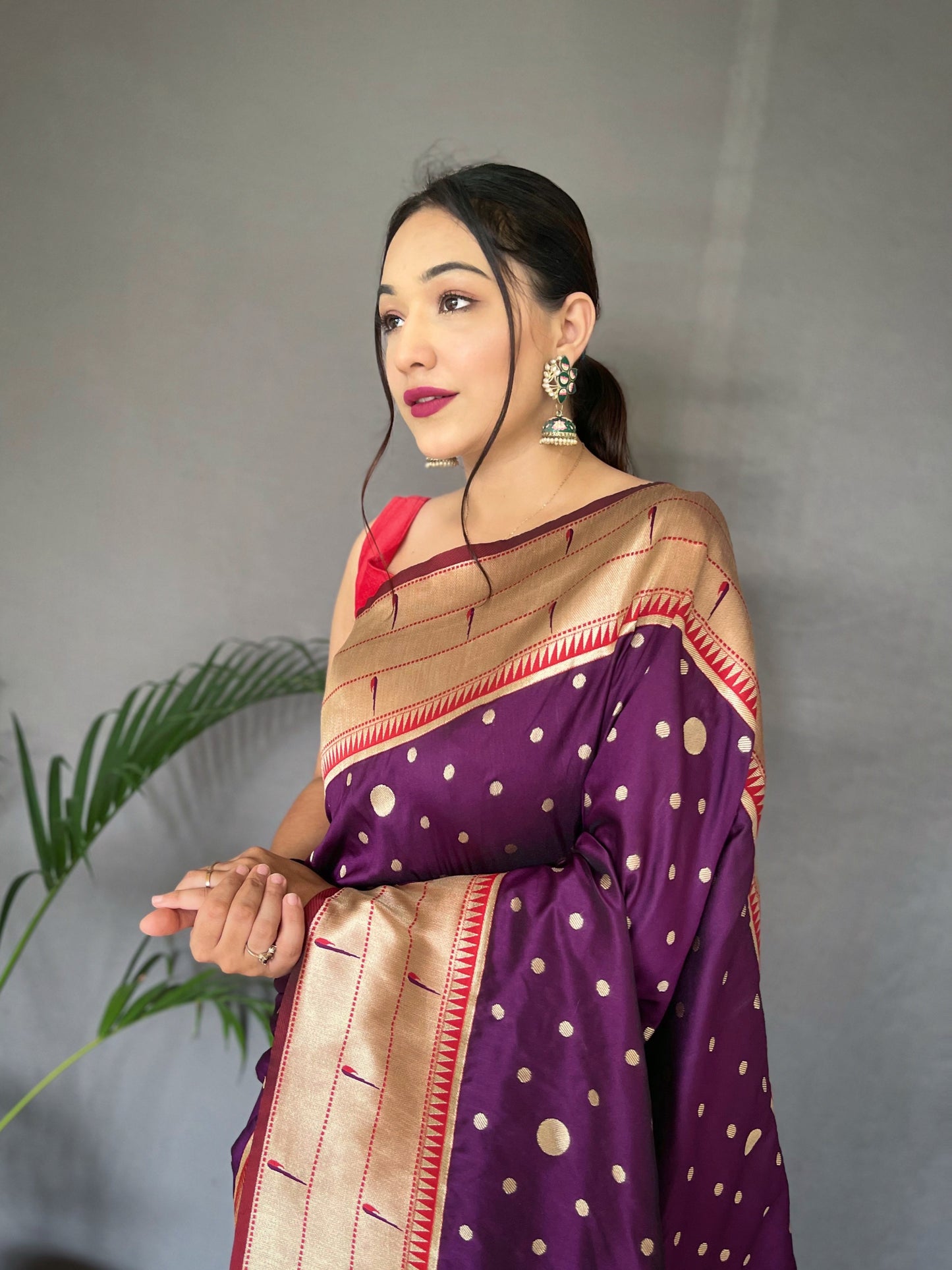 Purple Printed Paithani Silk Saree Set