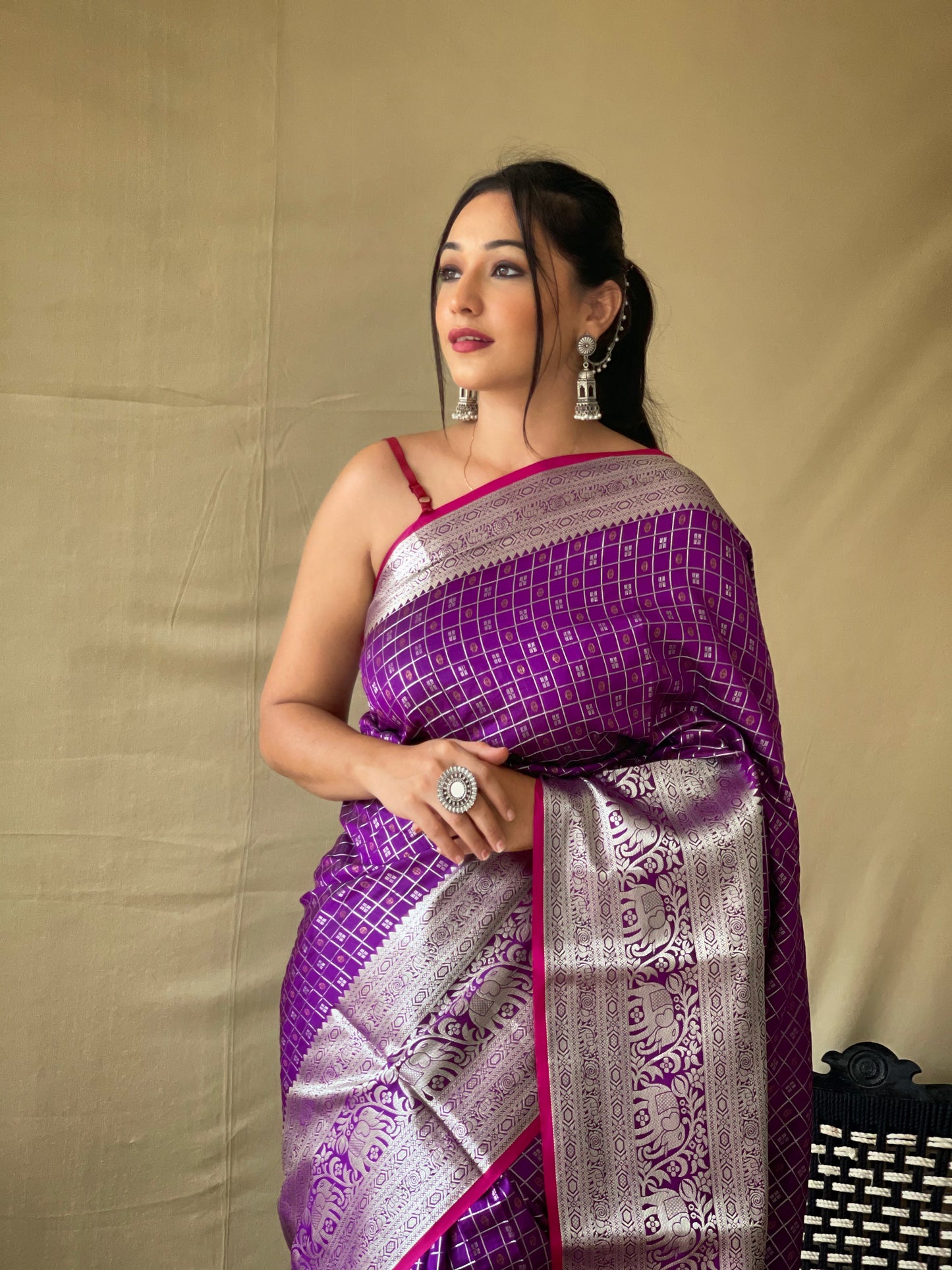 Purple Soft Litchi Silk Khicha Checks Saree