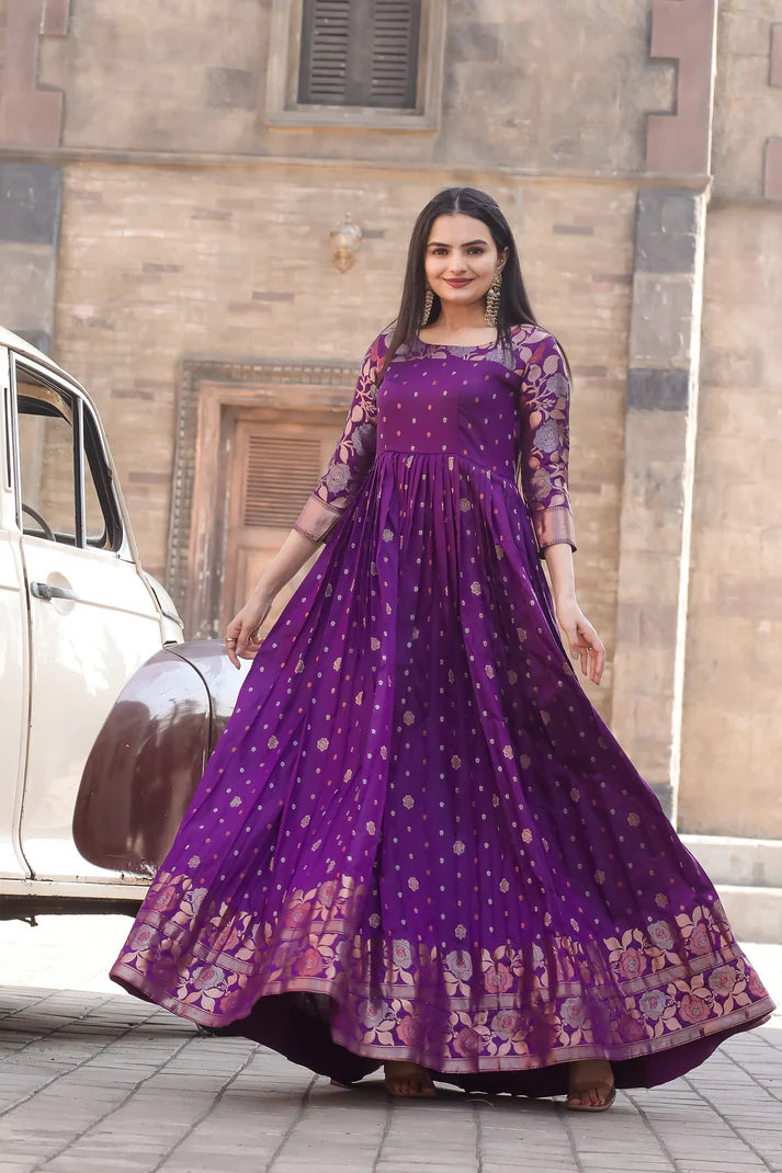 Purple Banarasi Silk Ethnic Maxi Zari Woven Ethnic Dress